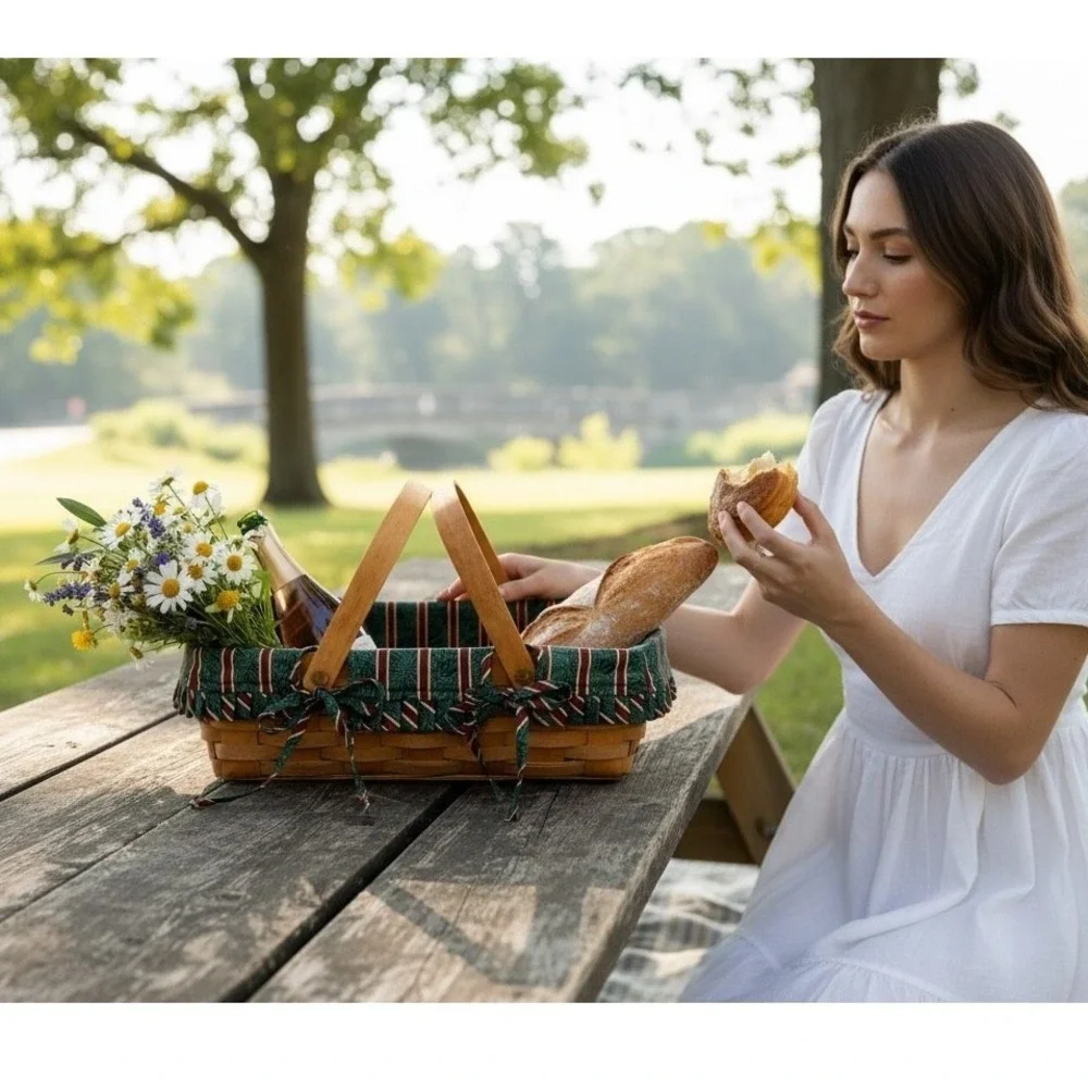 Longaberger Handwoven Maple Wood Picnic‎ Gathering Basket +Fabric Liner