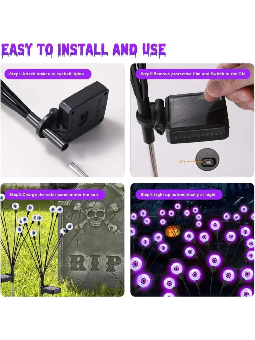 10-Pack Solar Scary Eyeball Lights for Halloween Outdoor Decorations - 80 LEDs