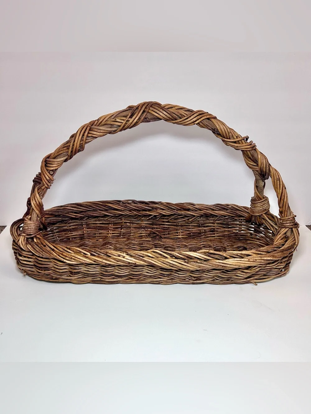 Rectangular Twig and Wicker Gathering Basket Large 21”x8”X12” Brown Vintage