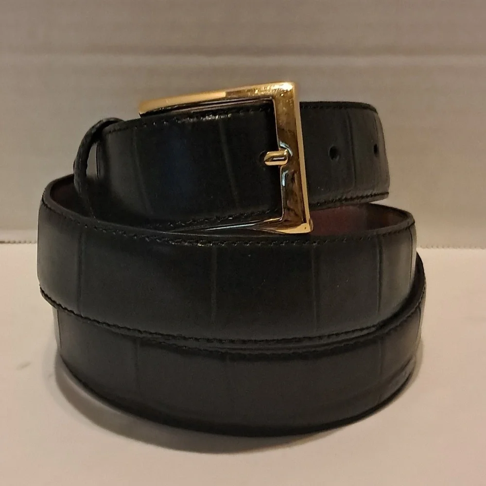 Jos A Bank Belt Mens 38 Black Embossed Leather Solid Brass Buckle Dress Preowned