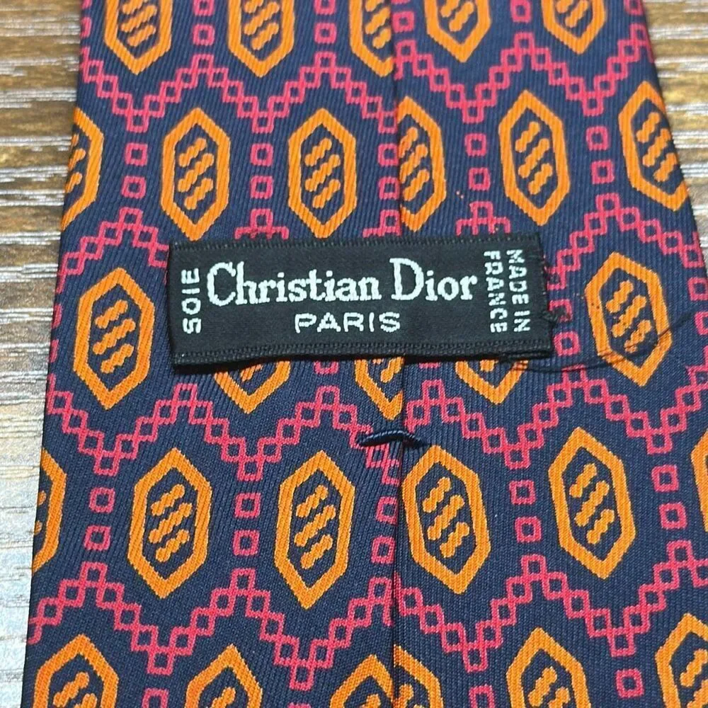 Christian Dior‎ Silk Tie Geometric Print Pink Blue Orange Mens Necktie Paris