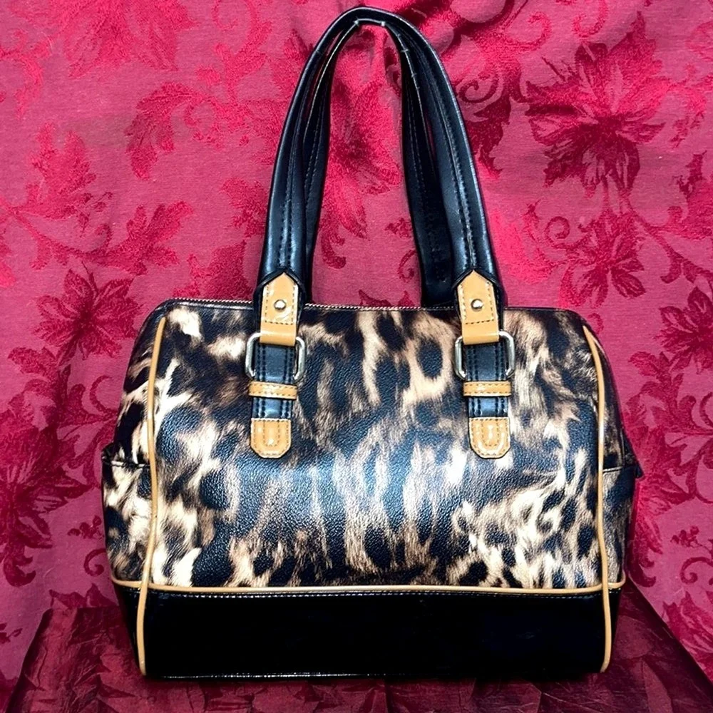 Calvin Klein Leopard Print Satchel Bag Black‎ Patent Trim Gold Hardware Handbag