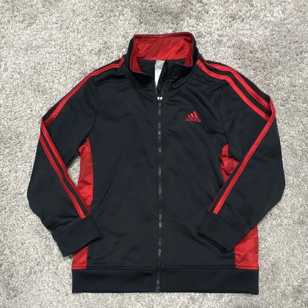 adidas Boys Black/Red Track Jacket Full Zip Size 7X Pockets‎ Lightweight Sports