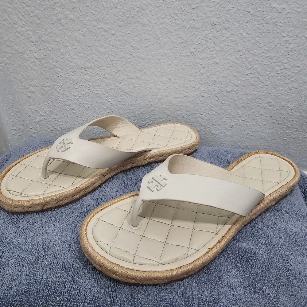 Tory Burch Ines Espadrille Thong Sandals White Leather Double T‎ Logo Flat 8M