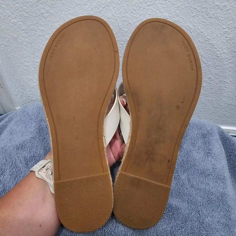 Tory Burch Ines Espadrille Thong Sandals White Leather Double T‎ Logo Flat 8M