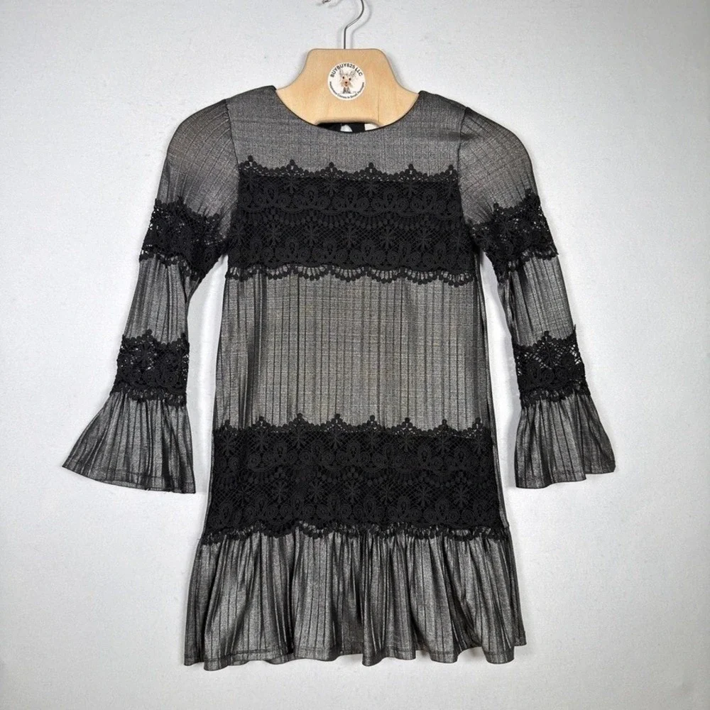 GB Girls Silver Metallic Lace Bell Sleeve‎ Party Dress Girls Medium