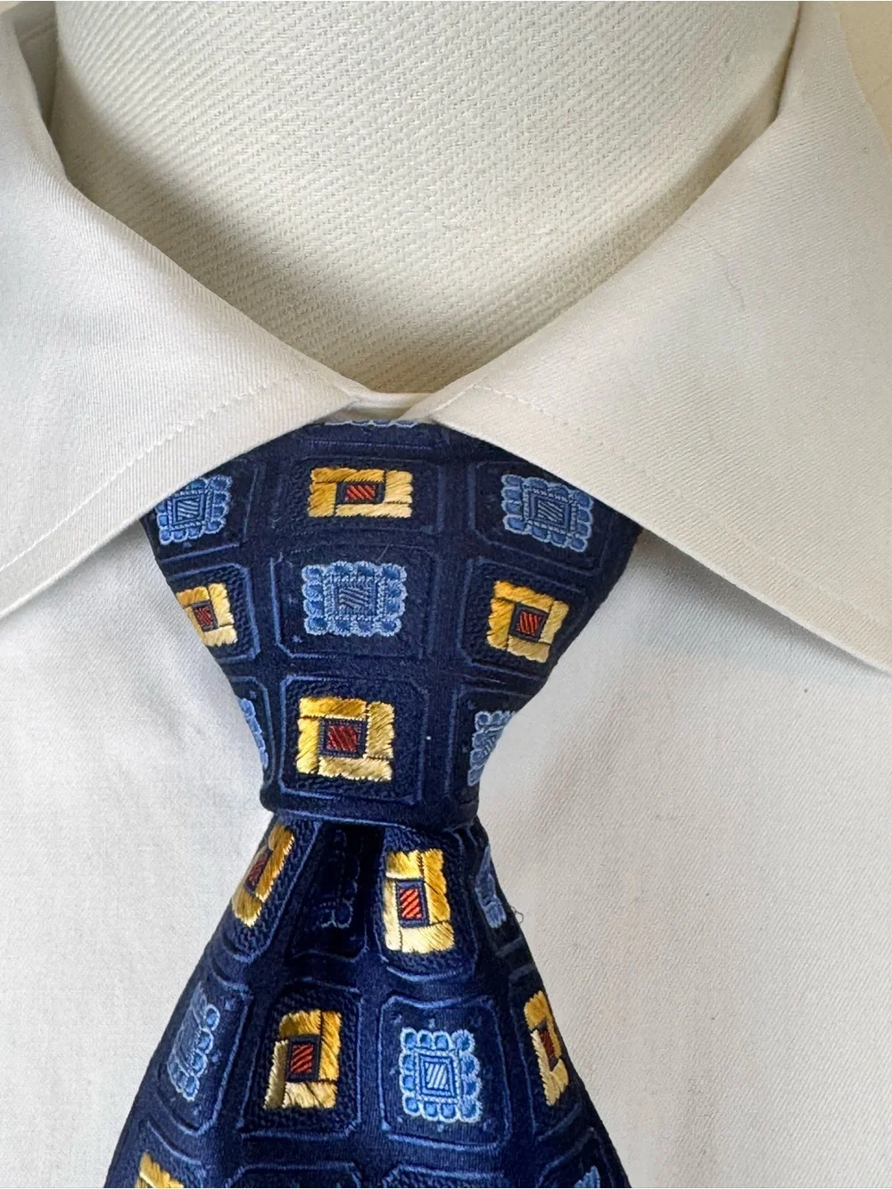 Robert Talbott Men’s Necktie XL Navy Silk Tie Blue & Yellow Geometric Squares