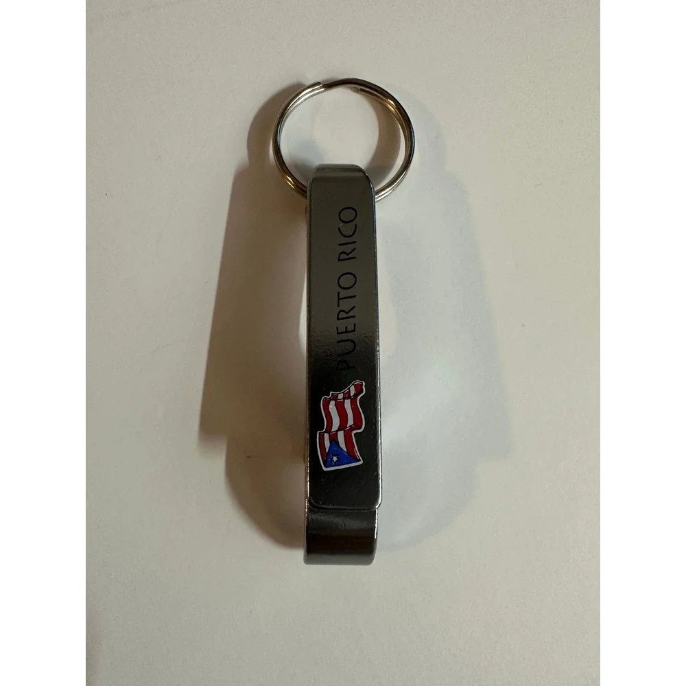 Puerto Rico Flag Bottle Opener Keychain Silver Tone Metal Souvenir Key Ring