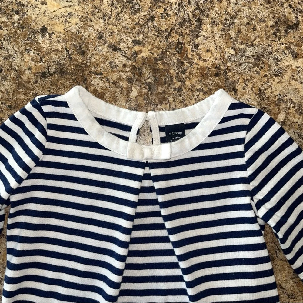 Baby Gap Nautical Coastal Preppy Navy Blue White Striped Pleated Bow Top 18-24M