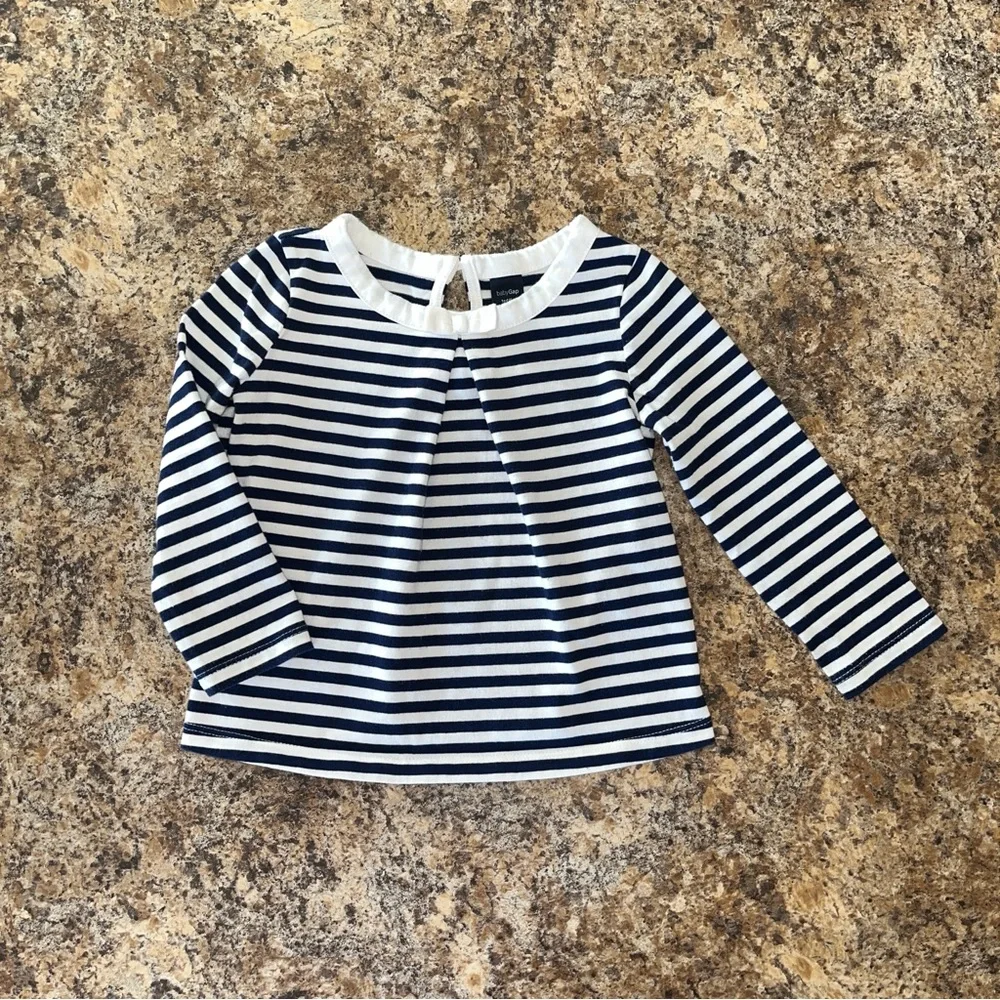 Baby Gap Nautical Coastal Preppy Navy Blue White Striped Pleated Bow Top 18-24M
