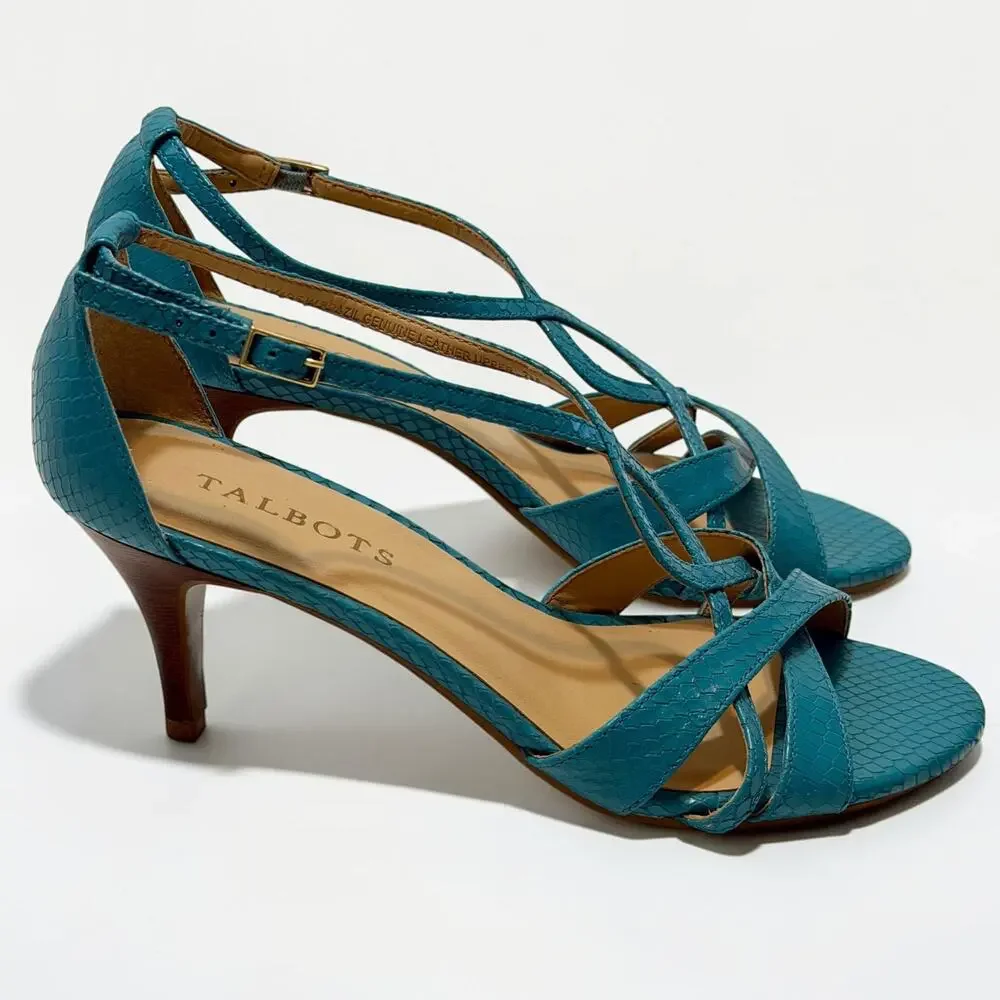 Talbots Lana Leather Sandals Sz 7M Peacock Teal Snakeskin Strappy 3