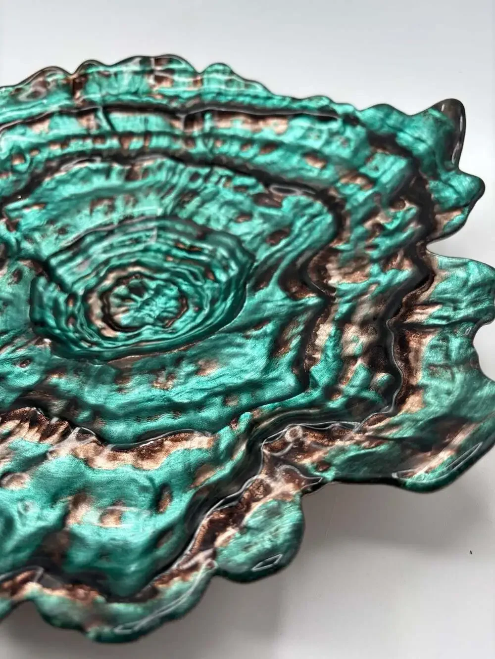 Gorgeous Glass Oyster Bowl Iridescent Teal and Copper Centerpiece 14 Inch