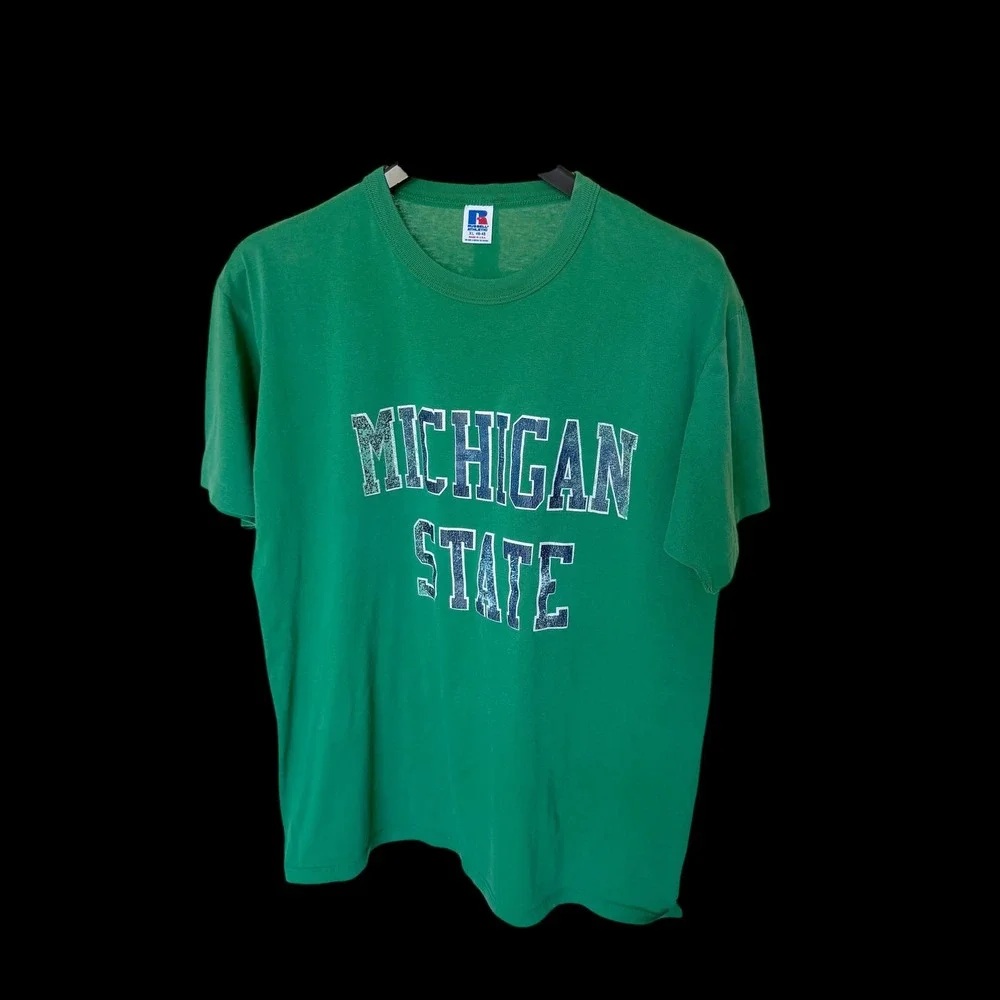 Vintage 70's Russell Athletic‎ Michigan State T Shirt XL Green Single Stitch USA
