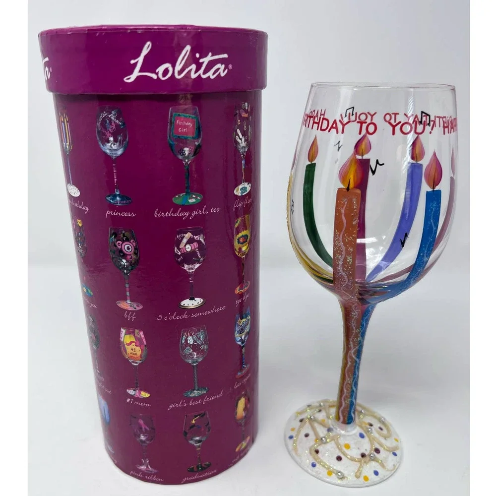 Lolita The Wine Collection Happy Birthday‎ Hand Painted Wine Glass with Recipe