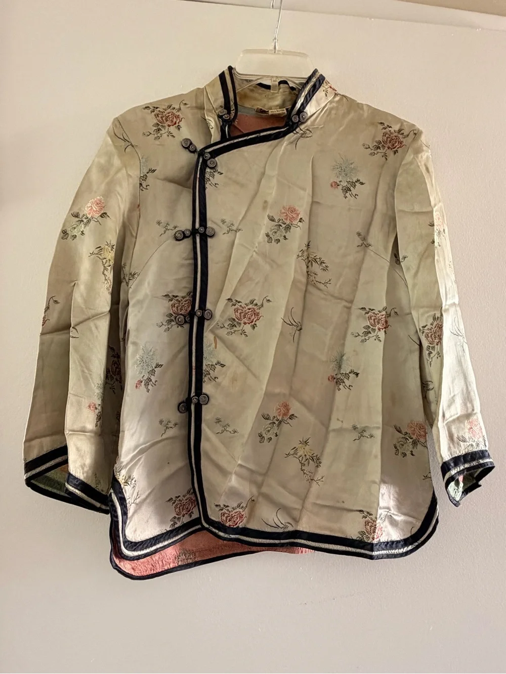 Vintage Silk Floral Mandarin Jacket - Cream with Black Trim