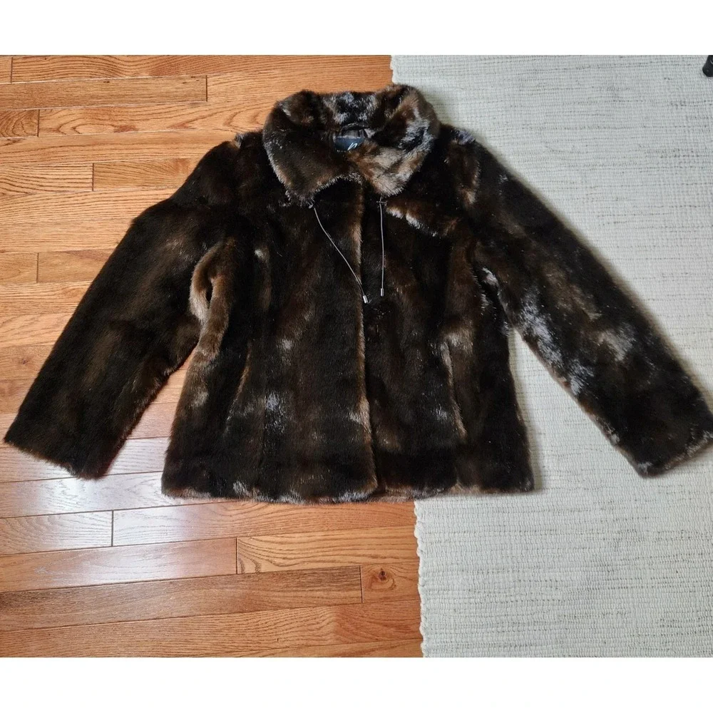 Midnight Velvet Faux Fur Jacket XL Brown Pockets Evening Winter Outerwear Prep