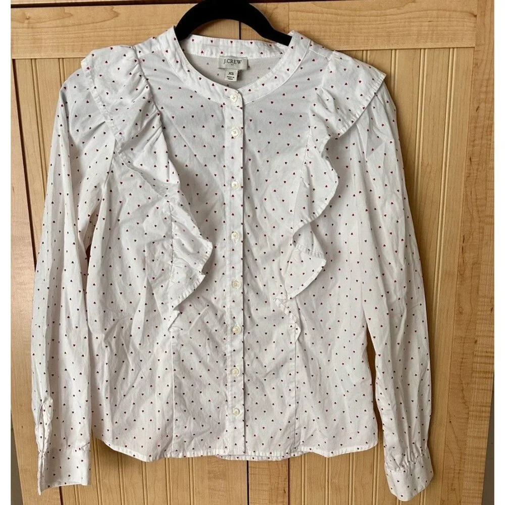 J. Crew WOMEN'S SIZE XS‎ Hearts Print Cotton Poplin Ruffle Top