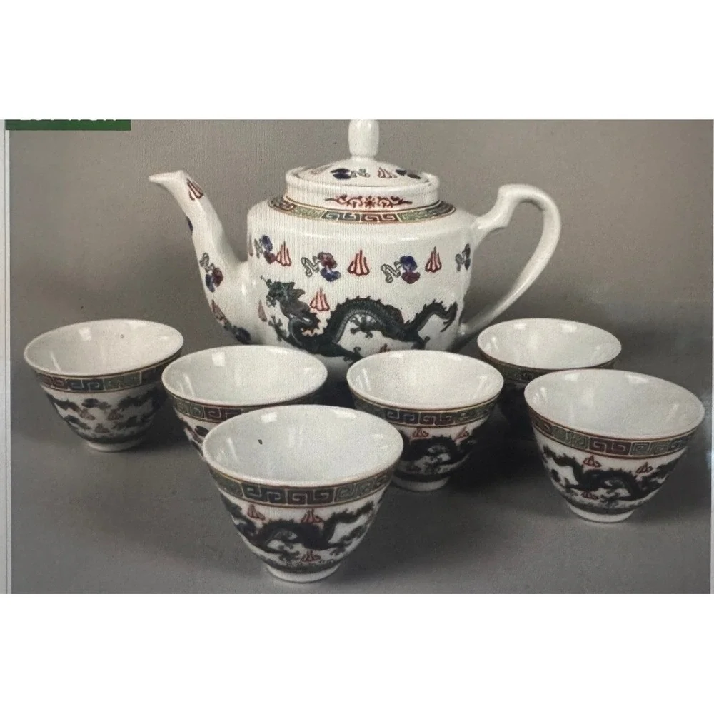 Vintage Jingdezhen Chinese Porcelain Dragon Tea‎ Set Teapot 6 Cups  *READ*