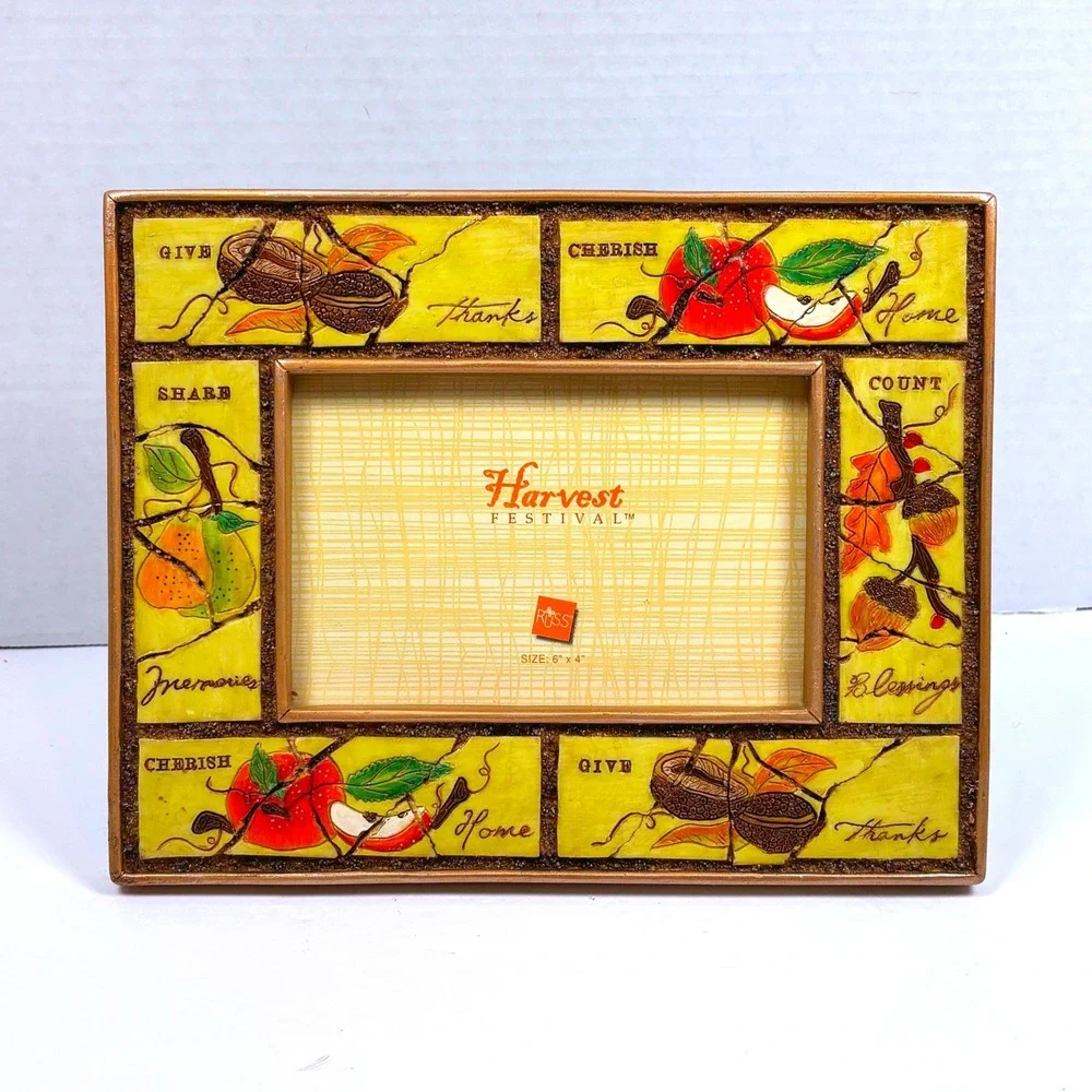 Vtg 90s Russ Harvest Festival Photo Frame 4x6 Faux Tile Autumn Country Cottage
