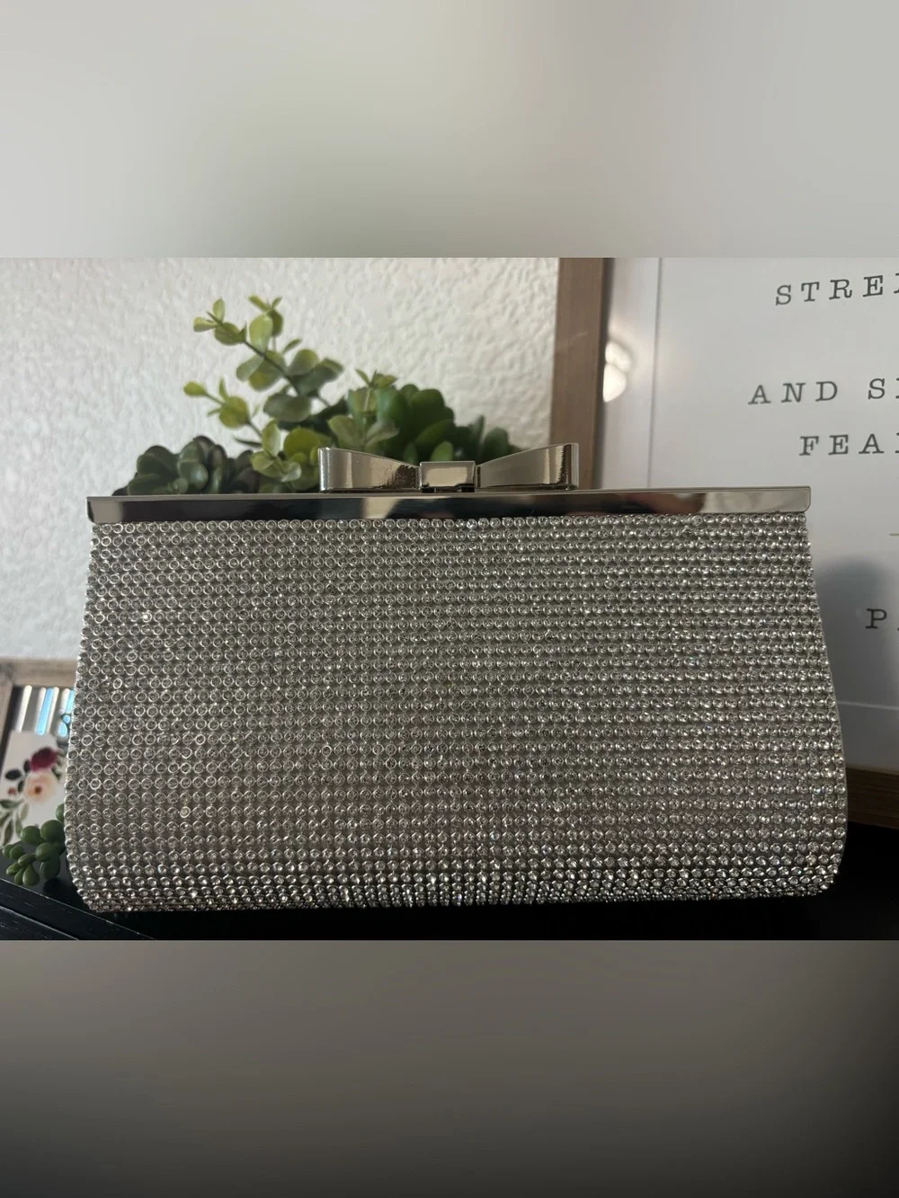 Silver Rhinestone & Bow Evening Clutch