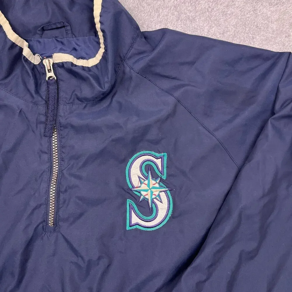VTG Seattle‎ Mariners Majestic Pullover Jacket Windbreaker XL Blue 1/4 Zip MLB