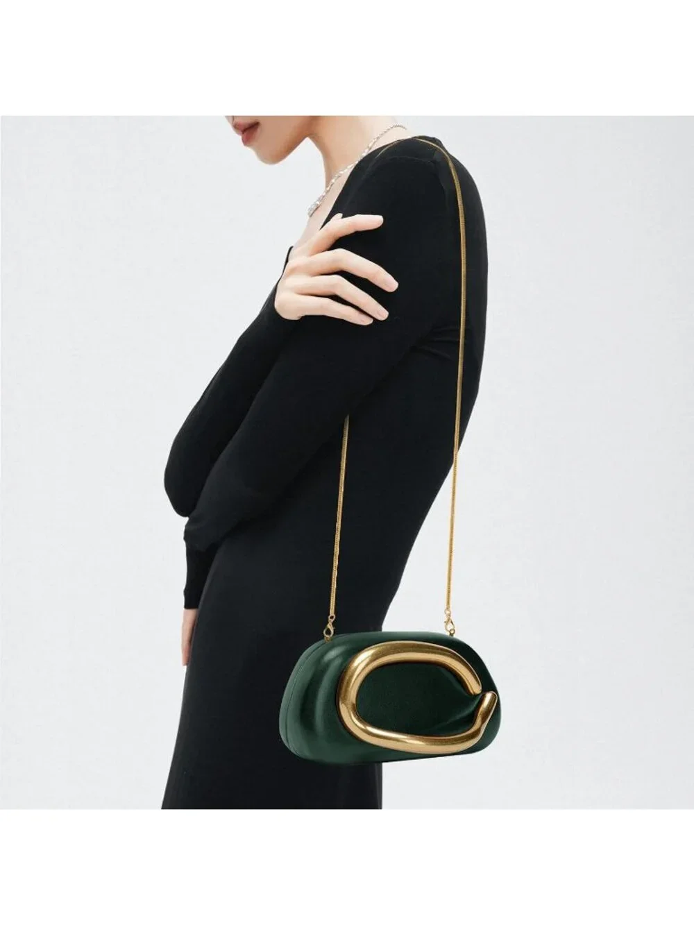 👜Women's Leather Dark Green Acrylic Clutch Gold Handle Evening Bag Party