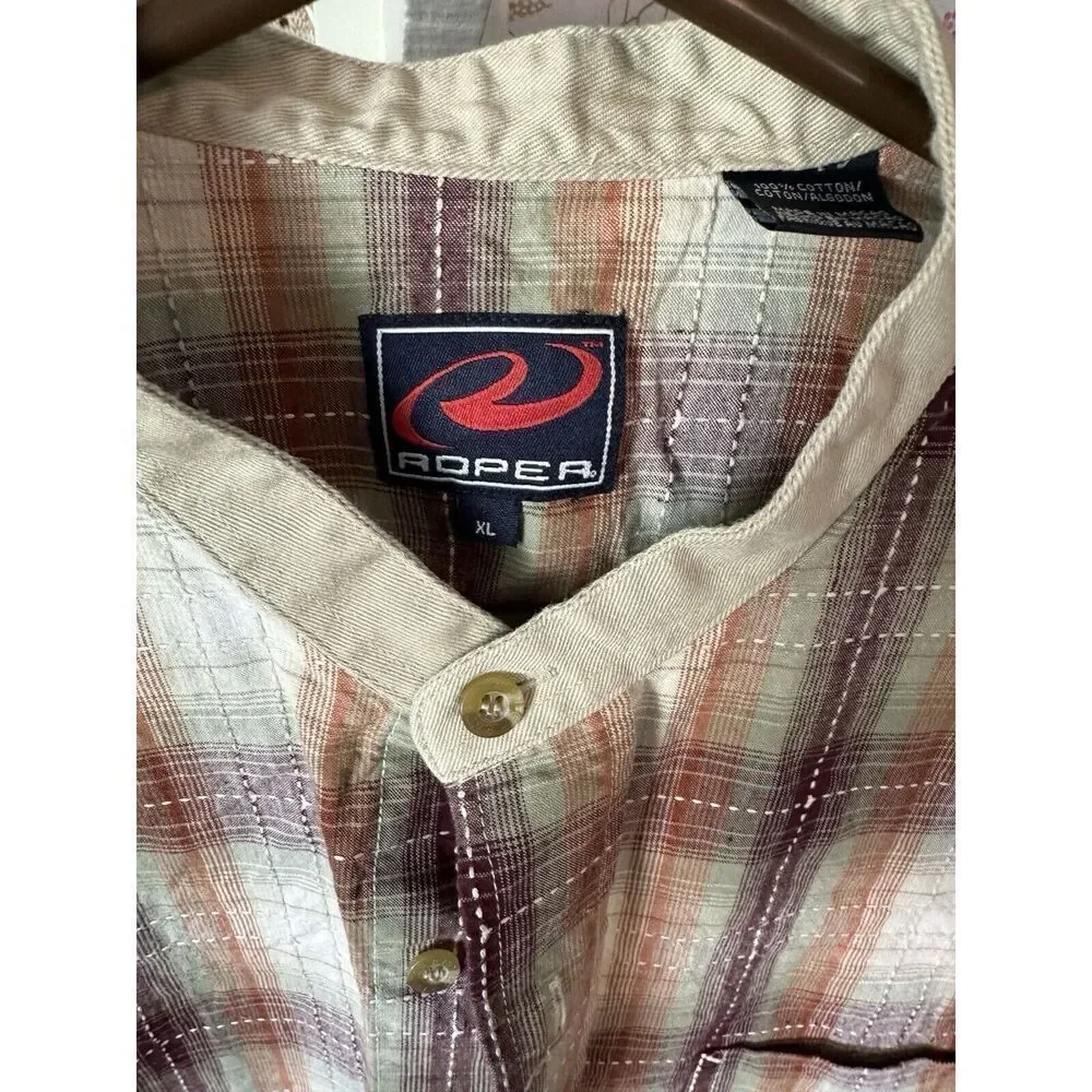 Roper Mens XL Plaid Band Collar Western Shirt Brown Tan Long‎ Sleeve Cotton