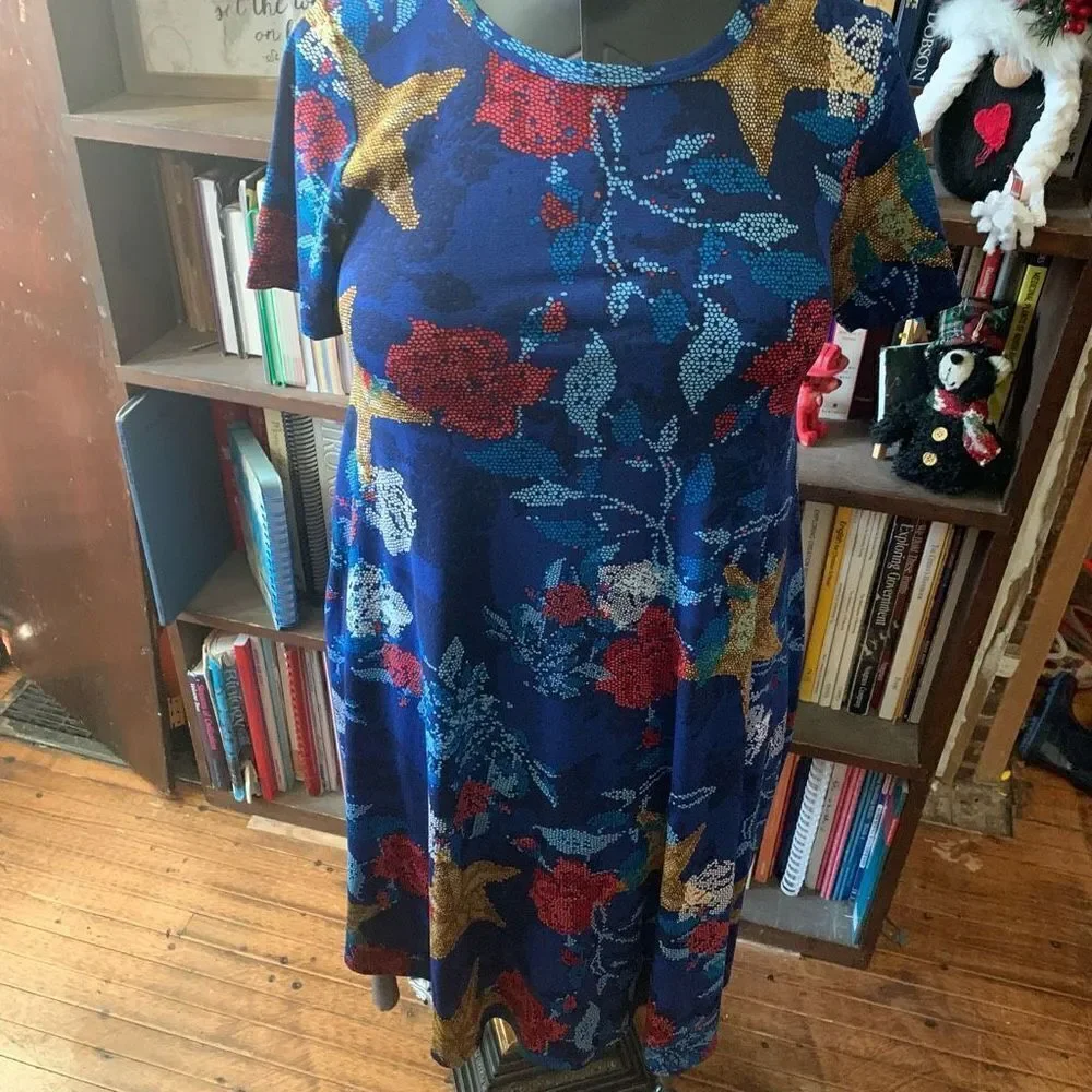 Lularoe stars & roses blue XXS knit travel high low swing dress