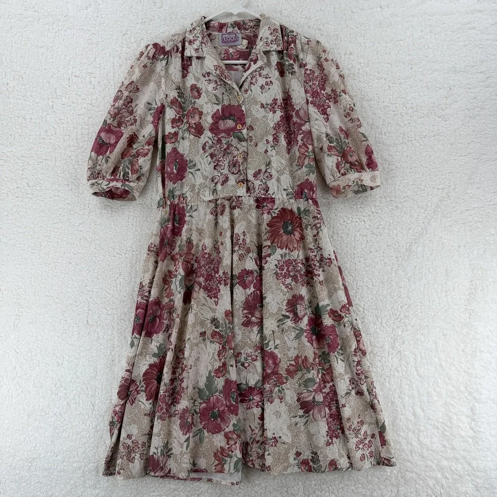 Vintage California Looks Dress Womens 6P Floral Midi Shirtwaist‎ Made USA 80s