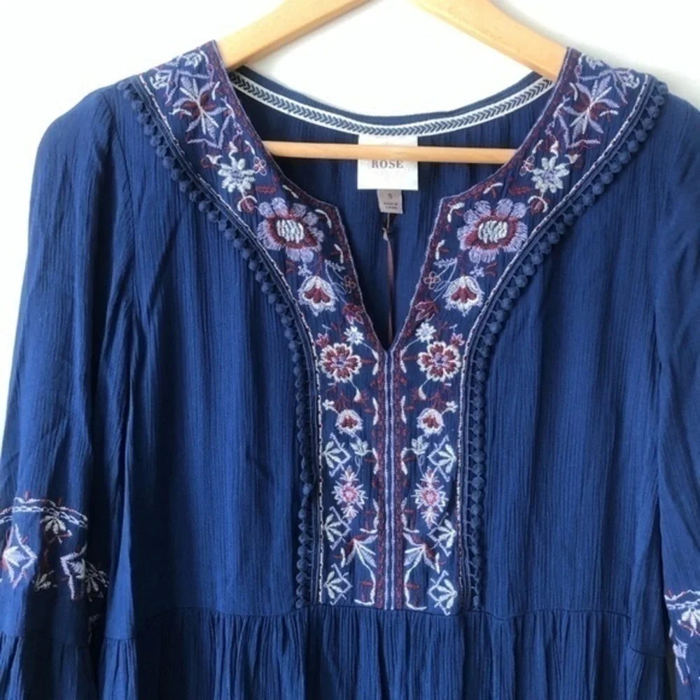 Knox Rose Starry Night Navy Blue Embroidered Boho Bell Sleeve Rayon Dress Sz S