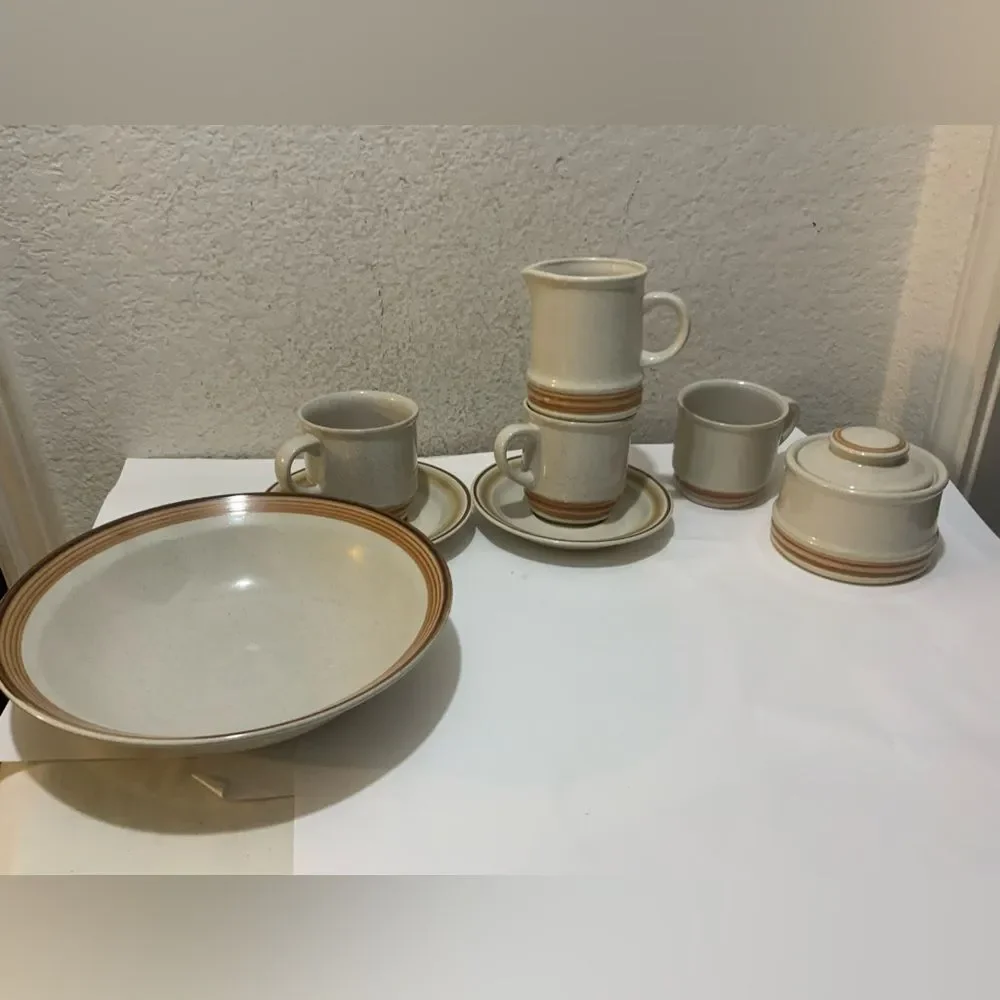 Vintage Japan Stoneware Set salad bowl creamer sugar bowl cups suacers G10