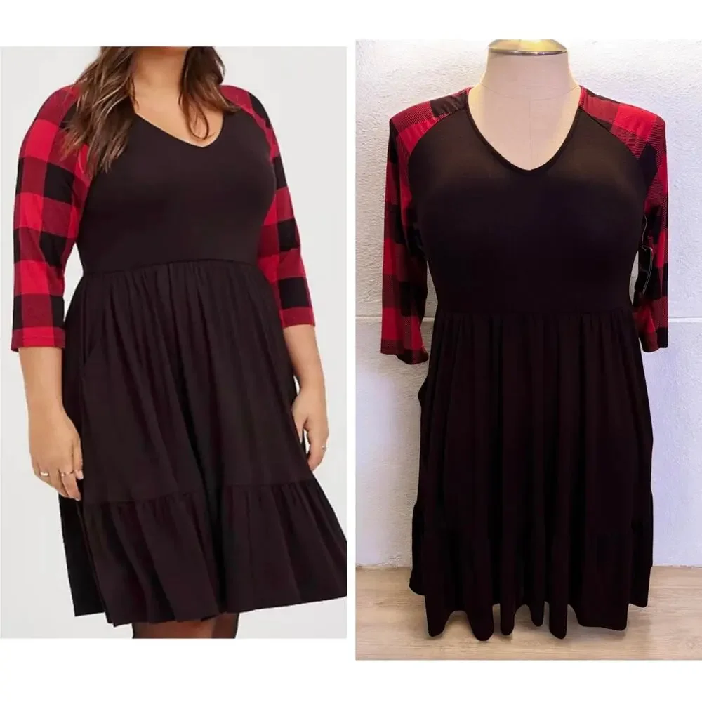 Torrid Size 0 (0X) Black & Red Buffalo‎ Plaid Super Soft Skater Dress w/Pockets
