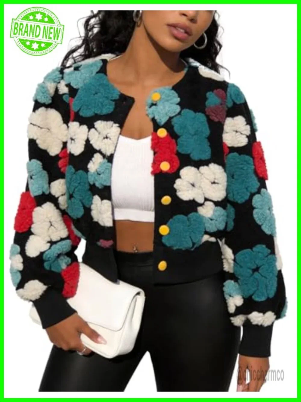 Women's Cropped Floral Fleece Bomber Jacket Casual Button Down Puff Sleeve
