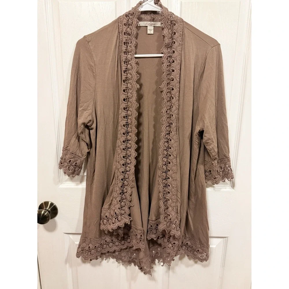 Fever Womens Mocha Brown Crochet Lace‎ Trim Open Front Cardigan 3/4 Sleeve Large
