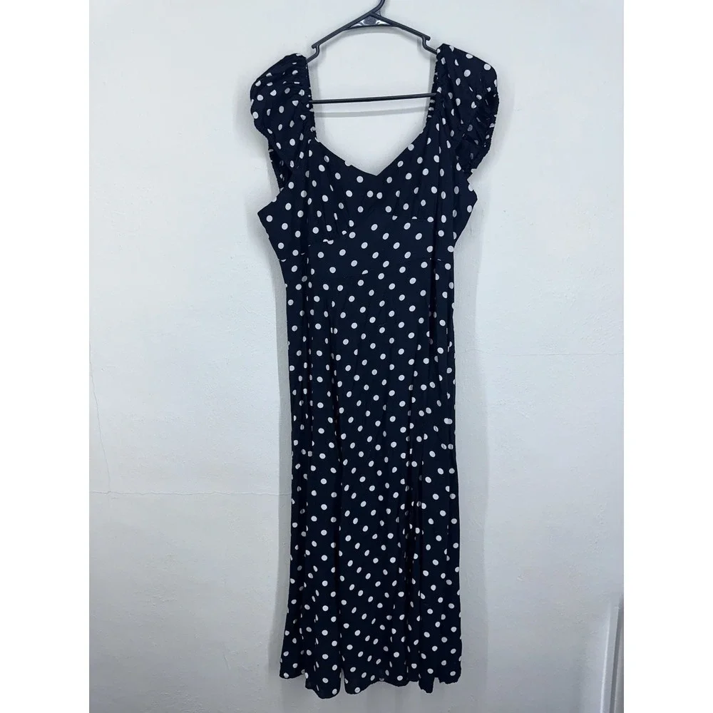 Coquette Puff Sleeve MEDIUM Black White Polka Dot 40s Style Midi Sun‎ Dress
