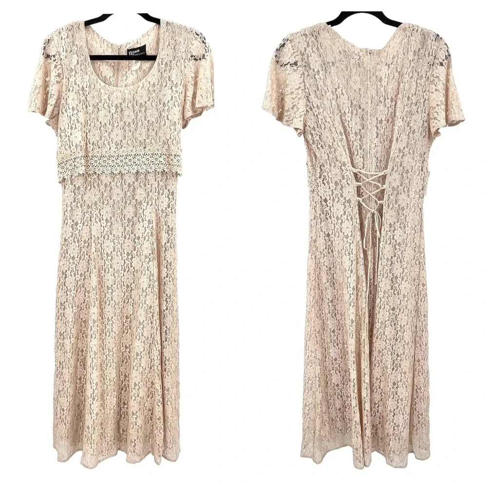 Vintage‎ Dawn Joy Womens Dress 9 10 Beige Lace Sheer Midi Cottage Wedding Nylon