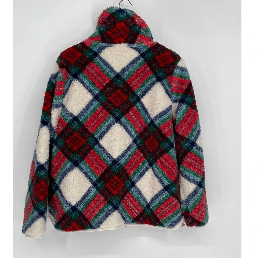 Talbots‎ Womens Pullover XL Sherpa Fleece Multicolor Plaid Shawl Zip