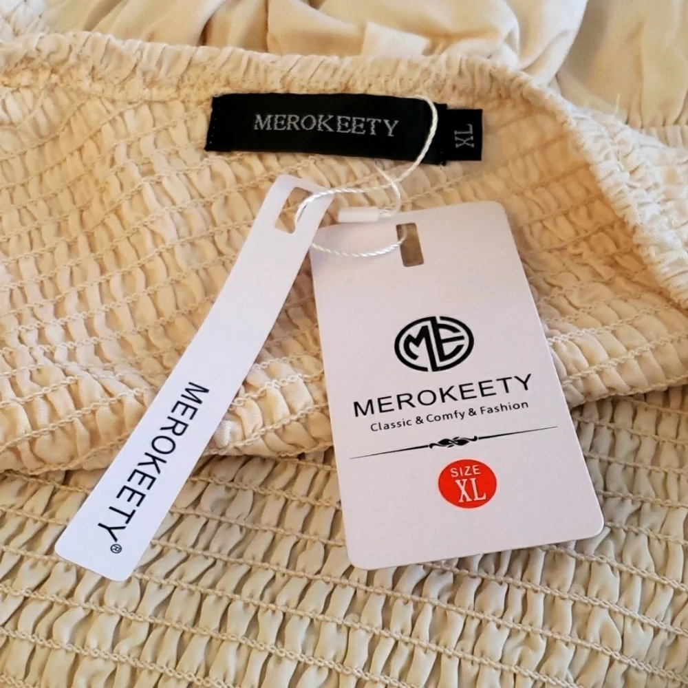 MEROKEETY One Shoulder Sleeveless Knot Smocked Midi Dress in Beige Size XL