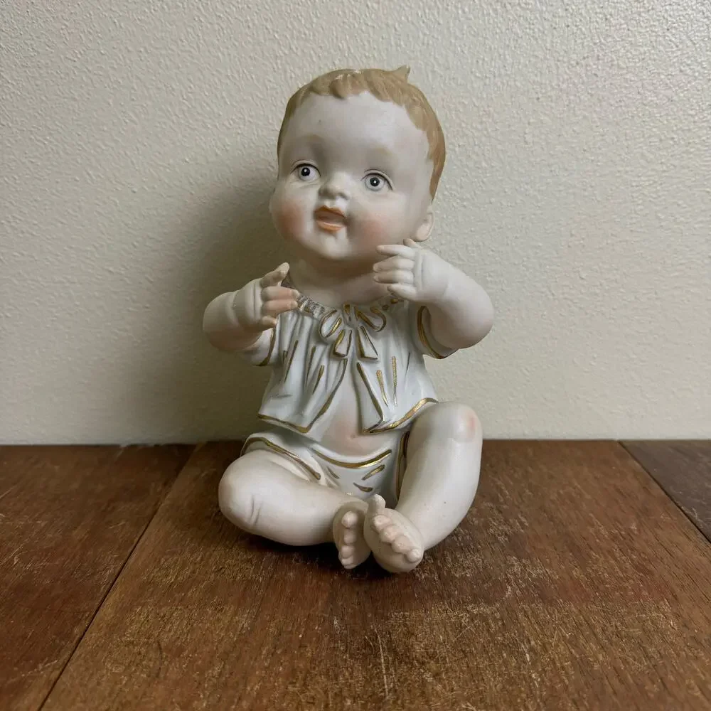 Vintage Bisque Porcelain Baby Boy with‎ gold accents nursery shelf decor