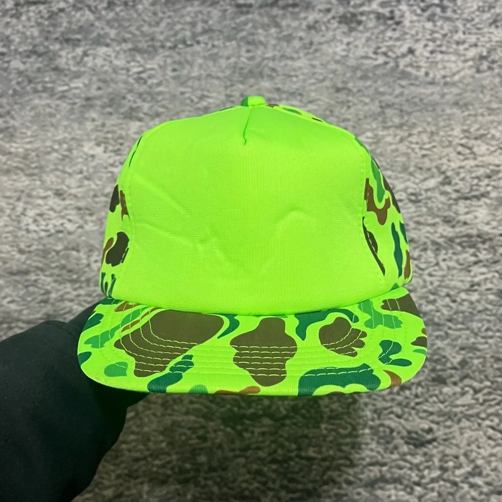 Vintage 90s Neon Green Camouflage Trucker Hat‎ Mesh Outdoor Hunting Adjustable