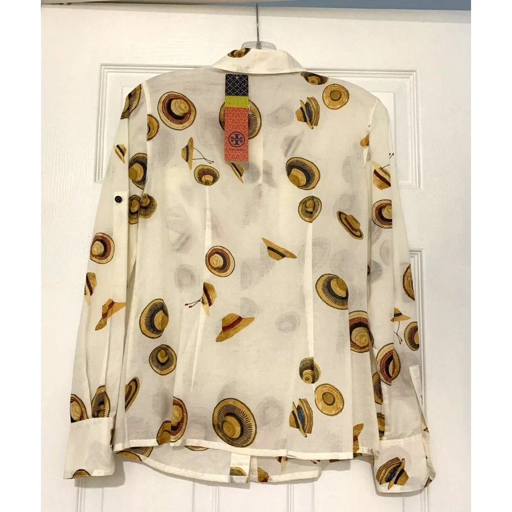 NWT Tory Burch Brigitte Button‎ Up Blouse Shirt Top Hats sz 2 $195 Cotton