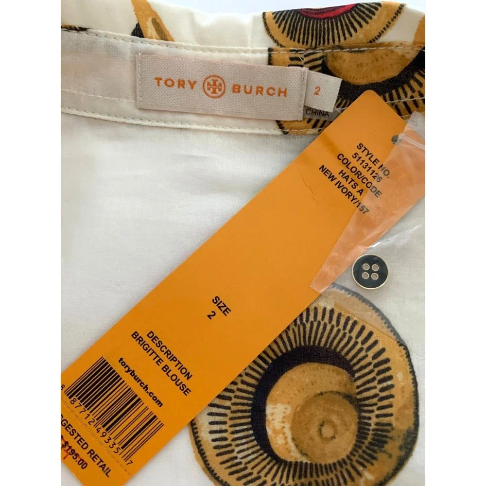 NWT Tory Burch Brigitte Button‎ Up Blouse Shirt Top Hats sz 2 $195 Cotton