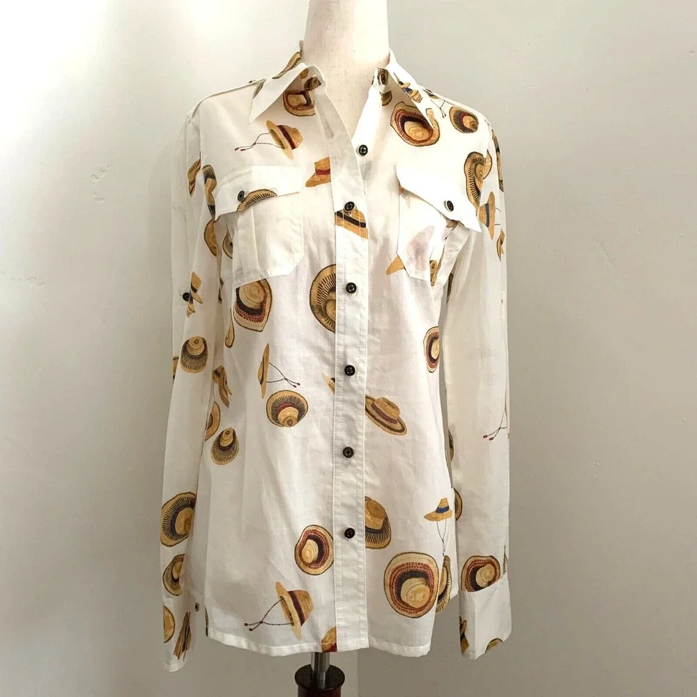 NWT Tory Burch Brigitte Button‎ Up Blouse Shirt Top Hats sz 2 $195 Cotton