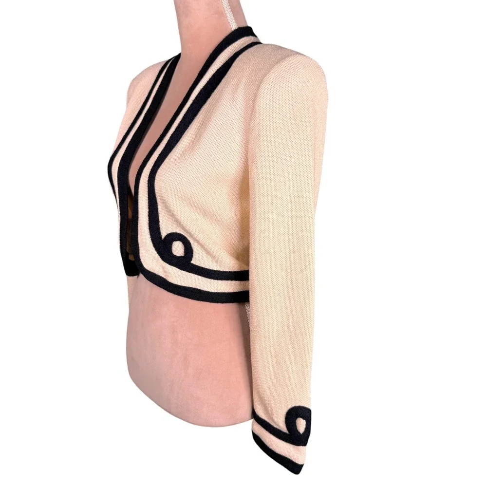 St John Bolero Jacket Womens 4 Cream‎ Black Vintage Santana Knit Cropped Shrug