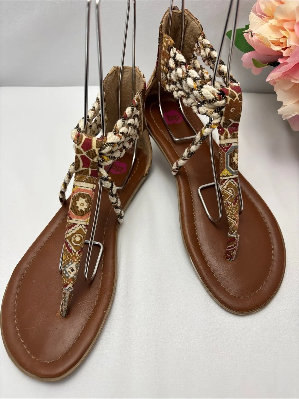 bp Womens 6 Multi Texture Brown and Beige Braided‎ T-Strap Sandals#475