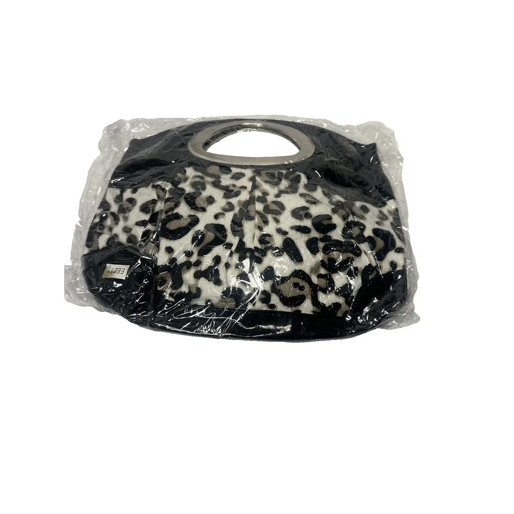 Leopard Print Hobo Handbag‎ Black White Grey Animal Print Metal Handle Bag