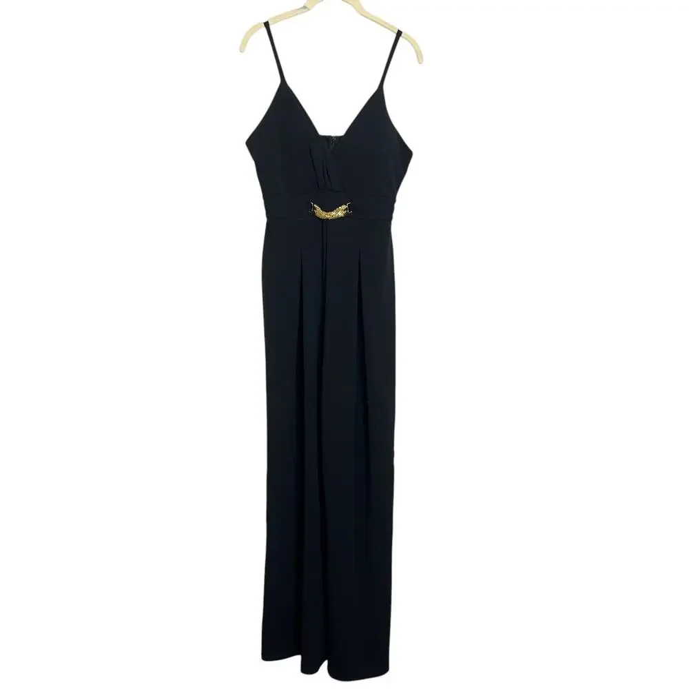 Almost Famous Wide Leg Jumpsuit Gold Chain Accent Black Size Large