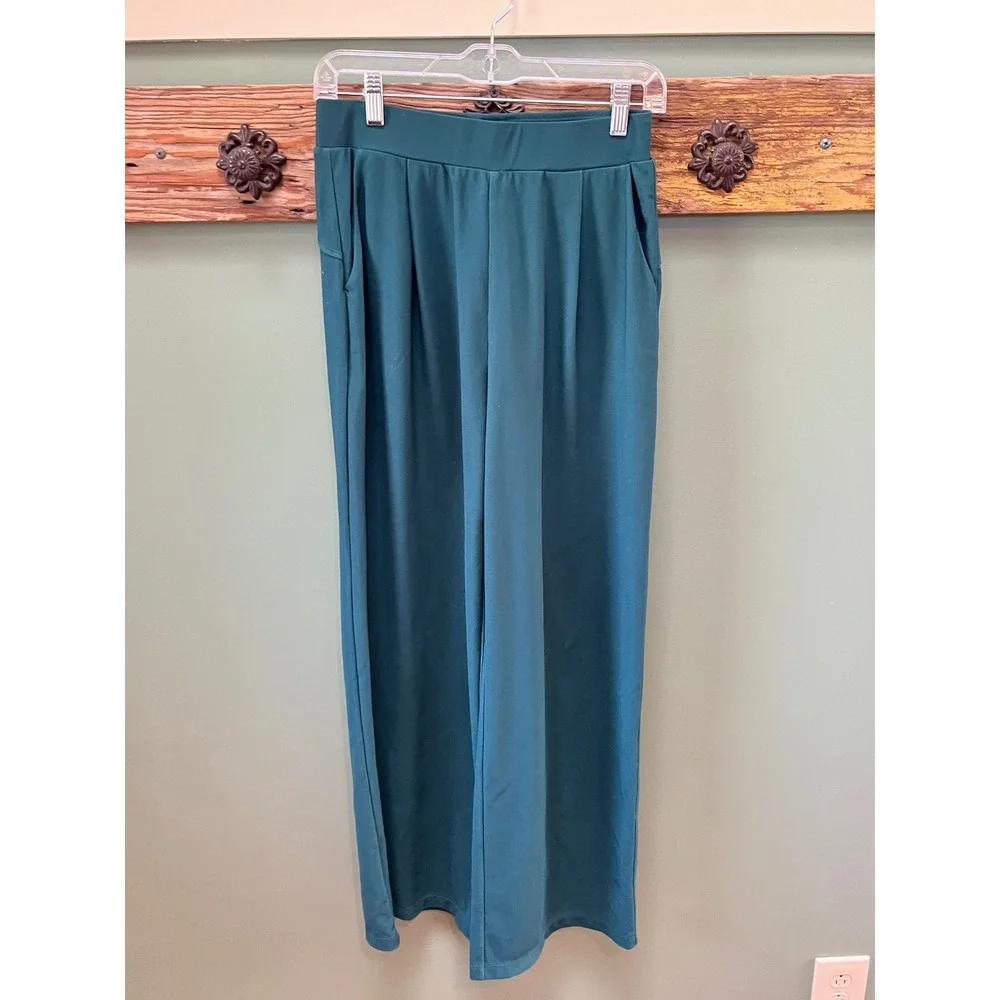 Halara Teal Green‎ Ribbed Wide Leg High Waisted Pleated Pockets Pants Small