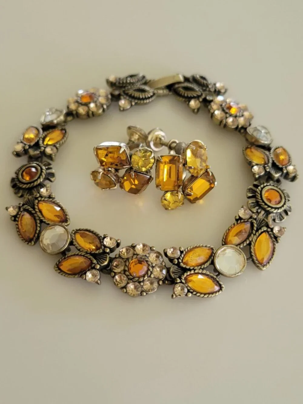 1960s Amber Rhinestone Bracelet & Matching Screw Back Earrings Set MCM Jewelry