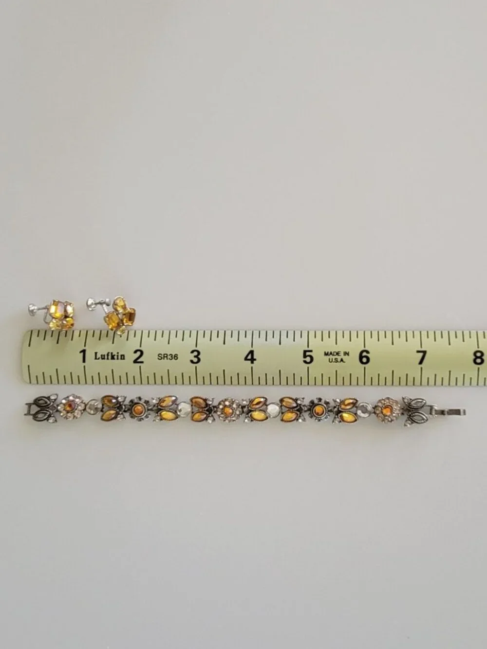 1960s Amber Rhinestone Bracelet & Matching Screw Back Earrings Set MCM Jewelry